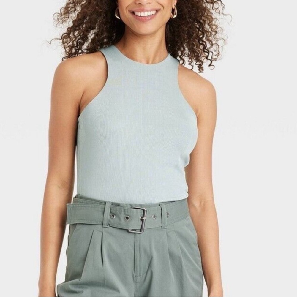 A New Day™  Slim Fit High Neck
Tank Top, Size Large, Light Blue/Green